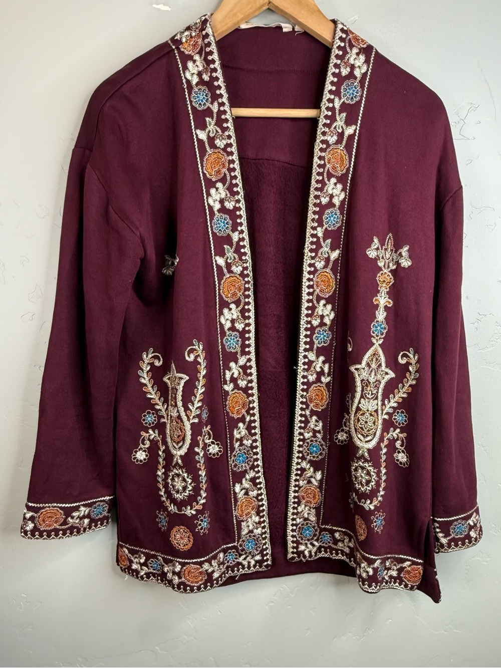 Soft Surroundings Embroidered Open Front Cardigan Kimono Fleece XS - Picture 2 of 10
